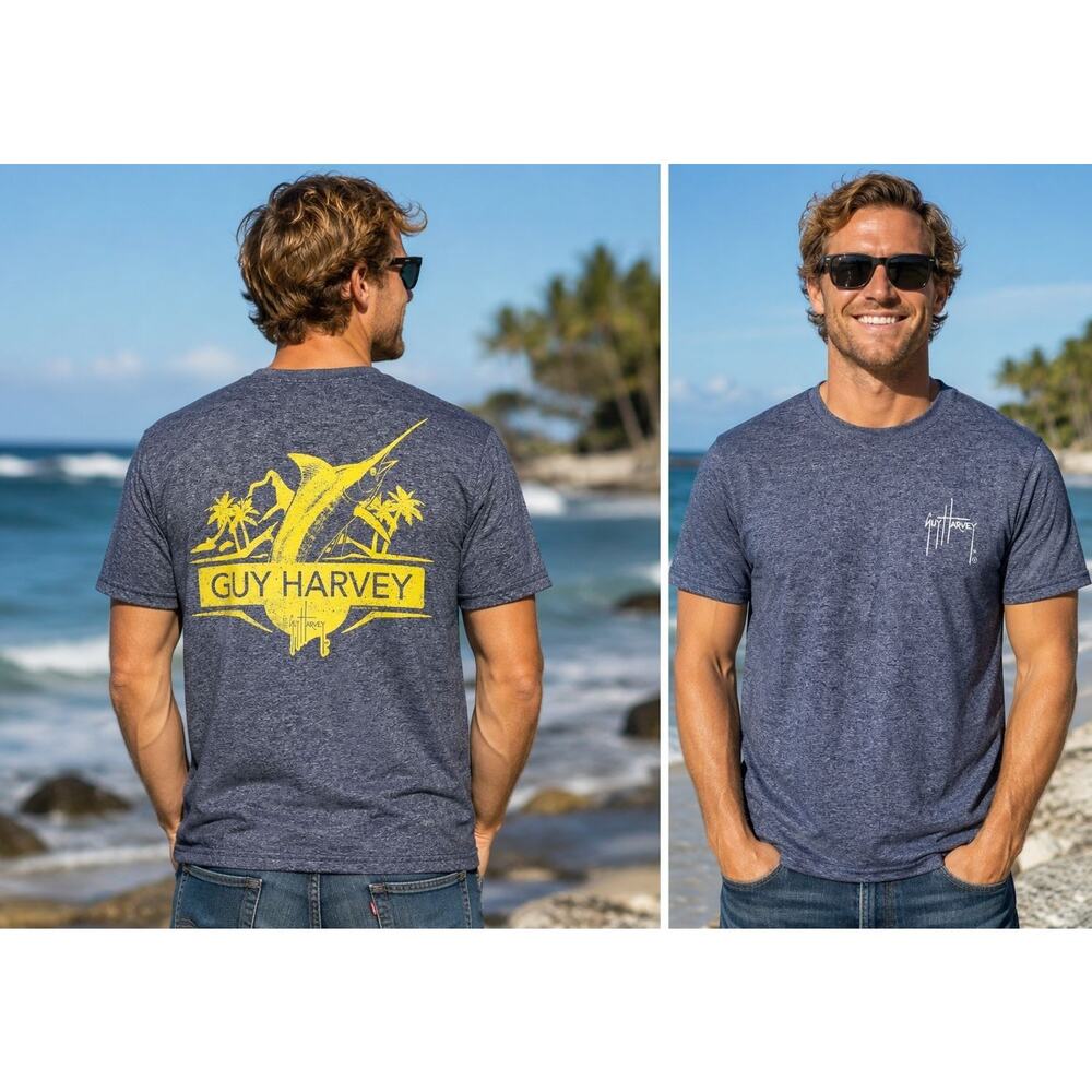 Guy Harvey Yellow Marlin Graphic T Shirt Mens Large Blue Performance Fishing Tee